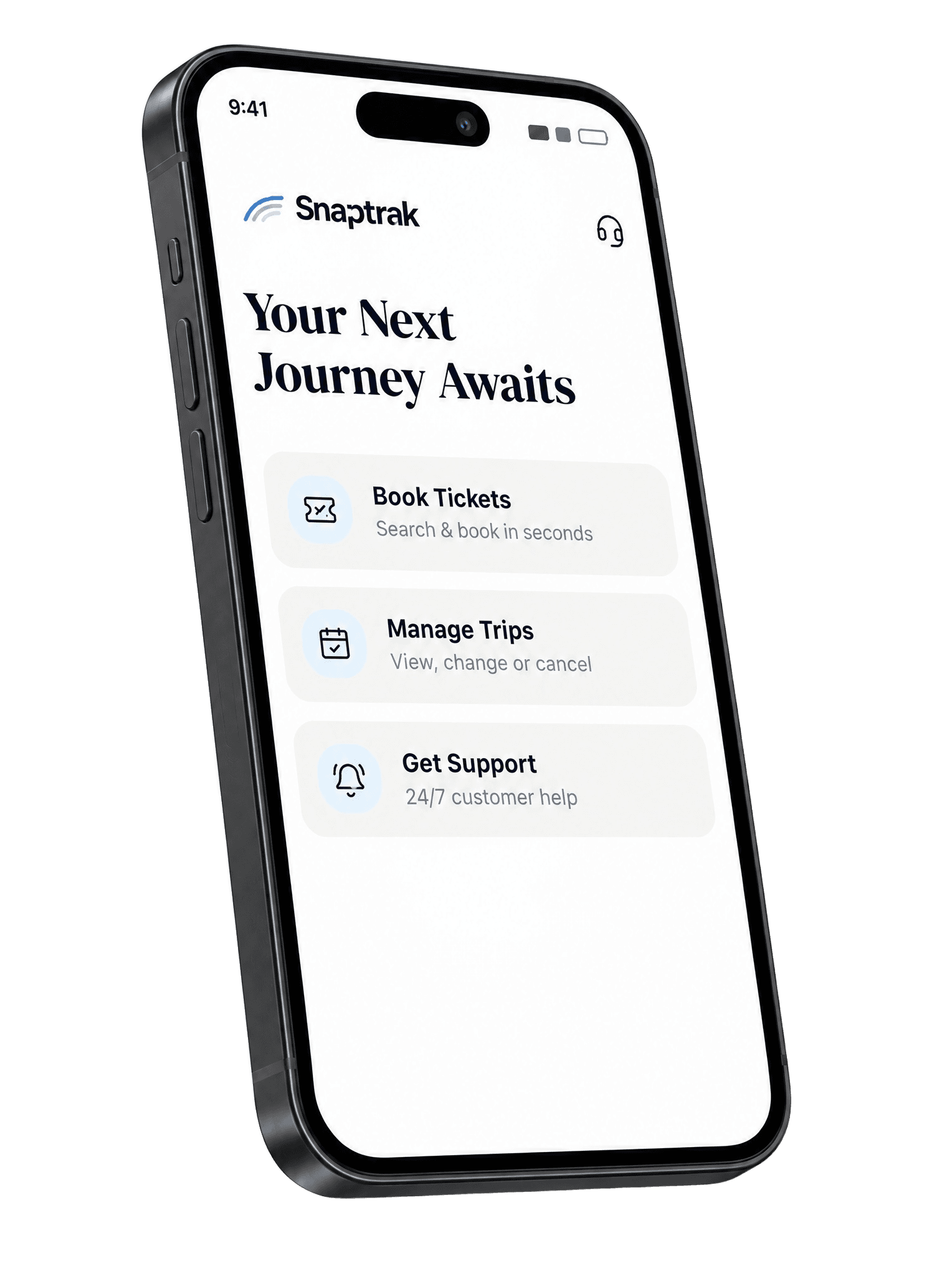The AmericaTrak app home screen, with shortcuts to book tickets, manage trips and get support